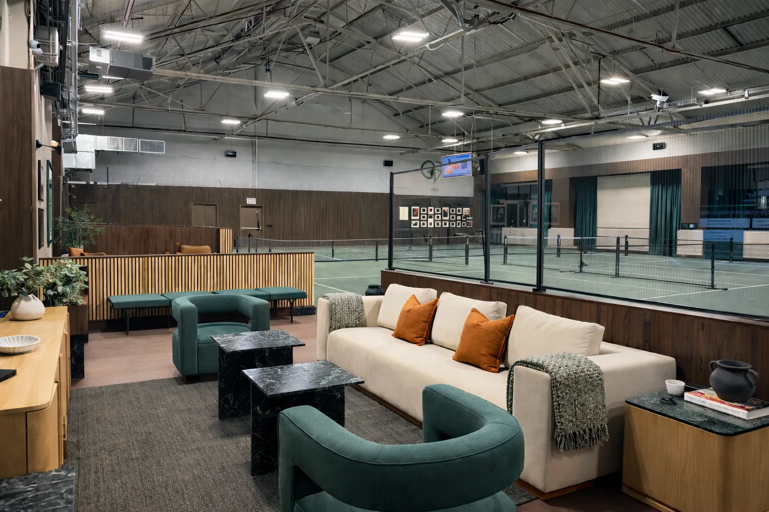 Premium lounge area overlooking courts