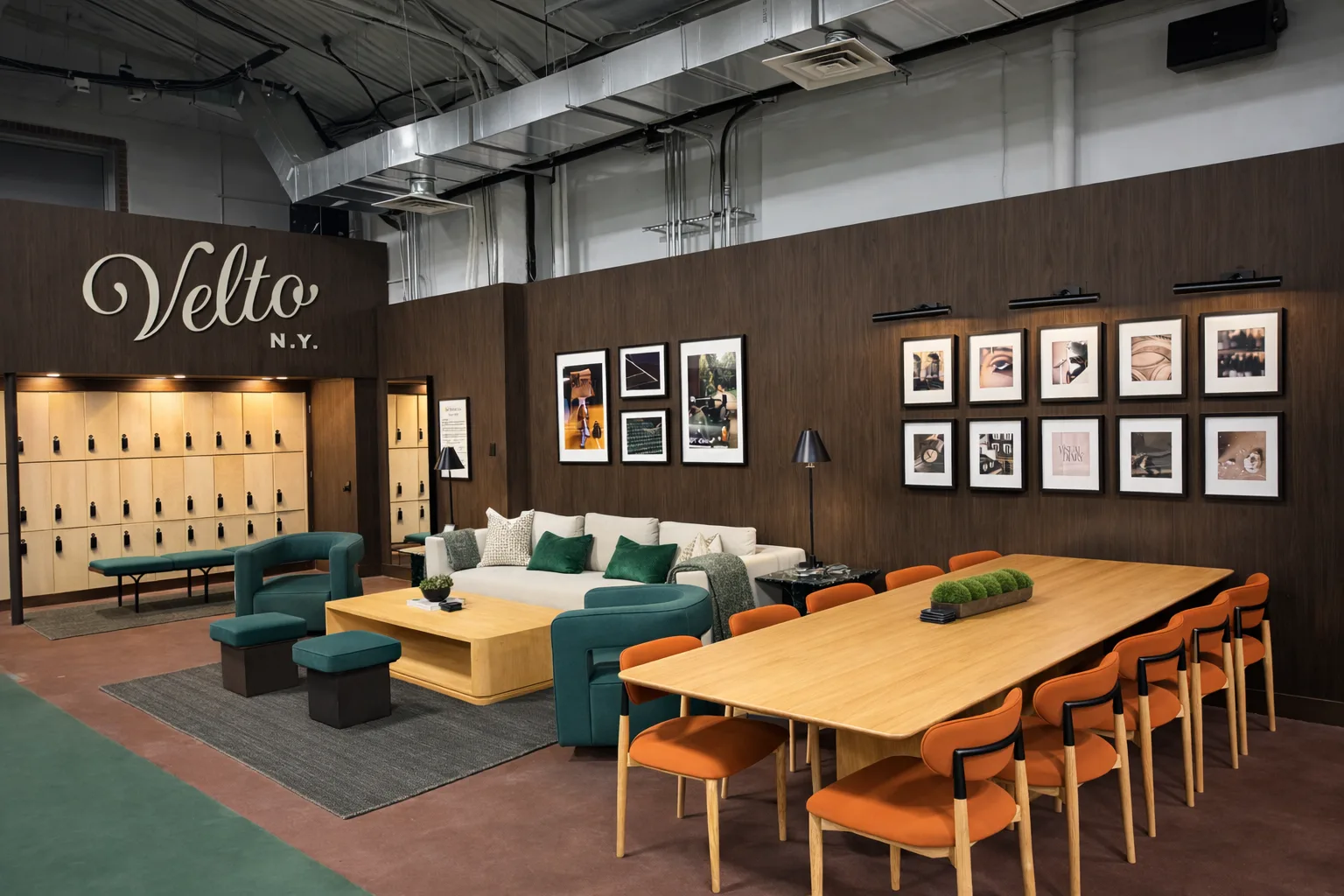 Lounge with lockers, seating and dining table